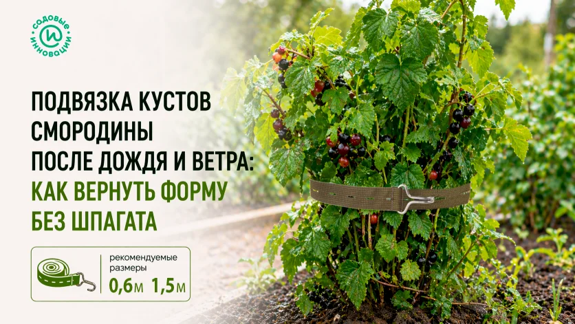 Куст смородины после дождя, аккуратно собранный садовой стяжкой