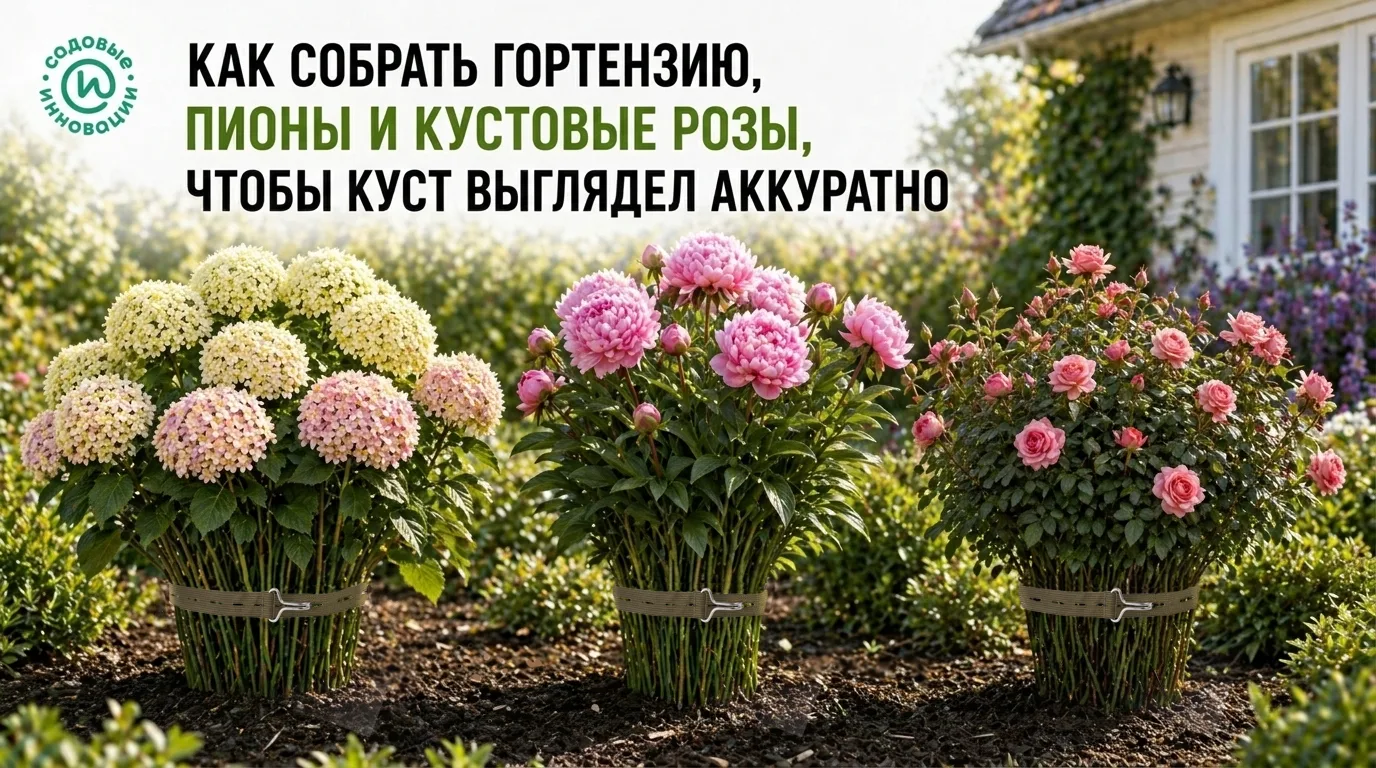 Гортензия, пионы и кустовые розы, собранные стяжкой в аккуратный куст