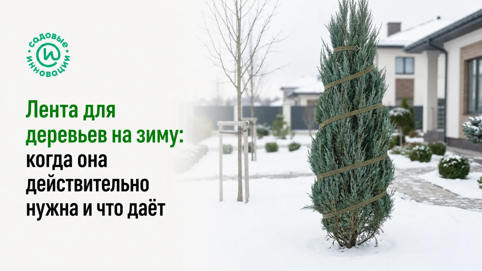Дерево с мягкой зимней подвязкой садовой лентой для защиты кроны