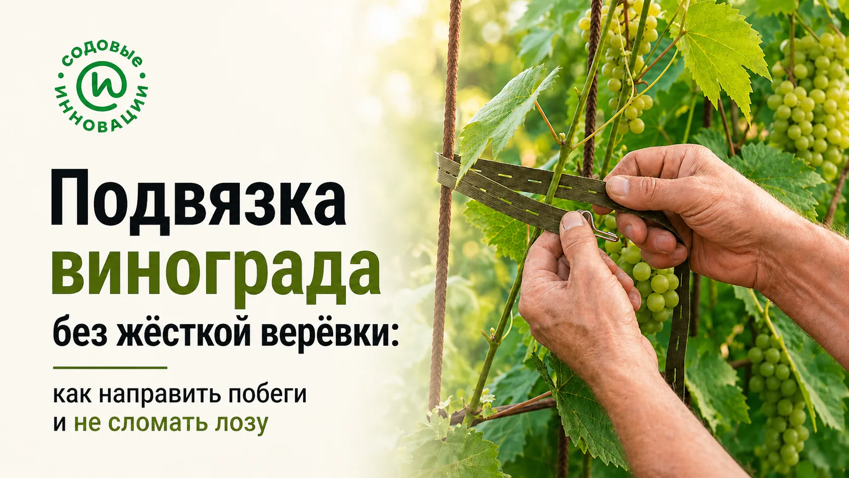 Побеги винограда, мягко закреплённые садовой стяжкой на опоре